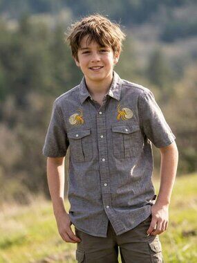 Howler Bros. Gray/Brown Short Sleeve Button-Down Shirt with Yellow Embroidery  L